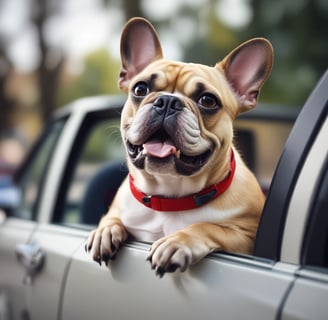 A small dog sits comfortably in the backseat of a car on a leopard-print blanket. The scene is reflected in the car's rearview mirror, showing part of the interior, which features beige upholstery. A hand reaches towards the dog, possibly petting it.