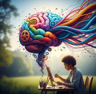 a boy is sitting at a desk with a laptop and a drawing of a brain