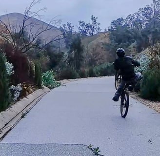 Mountain bike rider practicing manual and wheelie techniques for skill building