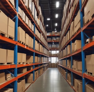 A large warehouse with high shelves stacked with boxes and packages. The shelves are metallic and color-coded in orange. The floor is wide and clear, allowing movement for forklifts or workers. The ceiling is high with industrial lighting.