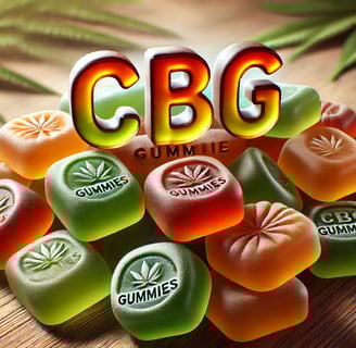 A close-up of delicious-looking CBG gummies in vibrant, earthy colors with the words 'CBG GUMMIES' p
