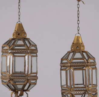 Paire de Lanternes Anciennes en Métal Doré Verre Italie XXe Siècle