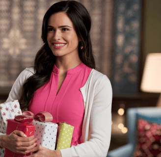 Une femme sublime, souriante, habillée d'une robe rose. Elle porte plein de cadeaux Noel 2024