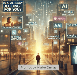 AI-driven cityscape with glowing billboards influencing behavior, symbolizing digital manipulation. Prompt by Marko Ormay