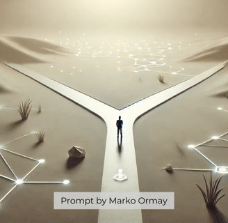 Minimalist crossroads symbolizing free will in a digital world, created from a prompt by Marko Ormay