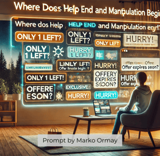 Person shopping online with 'Hurry!' and 'Only 1 left!' prompts, symbolizing AI's influence. Prompt by Marko Ormay