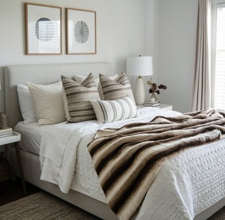 A cozy bed with white linen sheets, a textured quilt, a faux fur blanket draped over the edge