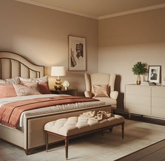 A cozy bedroom featuring an upholstered bed frame