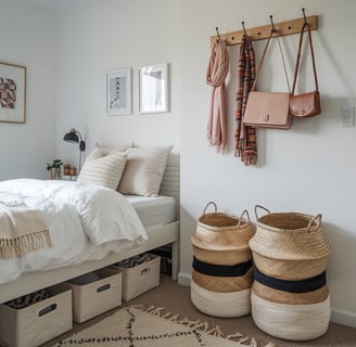 A tidy bedroom with under-bed storage bins