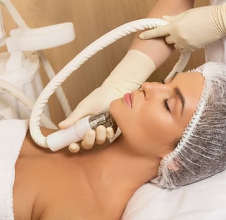 a woman is getting her facelift done by a professional hairdress