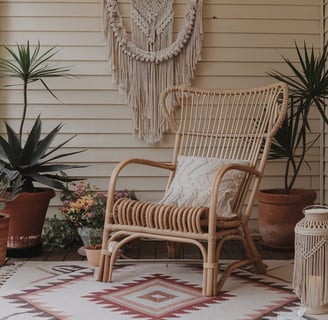 A porch corner styled with a low rattan chair, a macramé wall hanging, and a patterned rug, surround