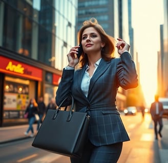 a woman in a suit and a handbag walking down a street