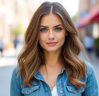 a woman with a blue jean jacket and white shirt