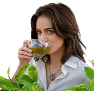 A photo of a woman with dark brown hair drinking green tea. She is wearing a white shirt and a neckl