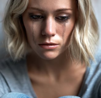 a woman with blonde hair and a gray shirt crying