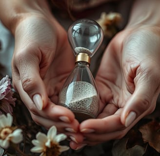 A close-up of a woman’s hands gently cradling an hourglass filled with sand, symbolizing the passage