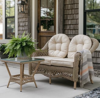 A wicker loveseat with cream cushions, a soft throw draped over one side, and a small glass-topped t