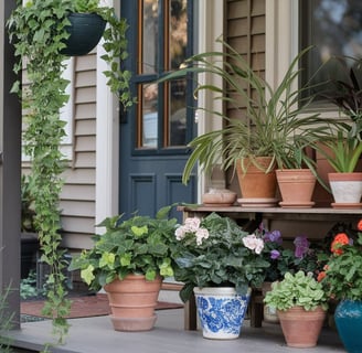 A collection of potted plants in terracotta and ceramic pots, arranged on a wooden stand