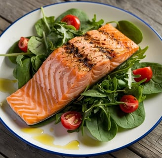 a slice of salmon resting on leaffy greens with halved cherry tomatoes surrounding it