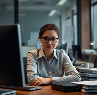 a woman sitting at a desk with a computer