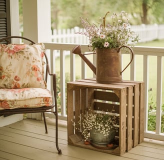 A rustic crate used as a side table, holding an antique watering can filled with wildflowers, next t