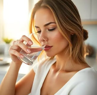 a woman drinking water from a glass of water