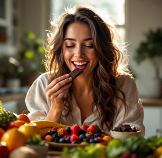 a woman eating chocolates and fruit on a table