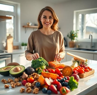 a woman is smiling while she is preparing to eat