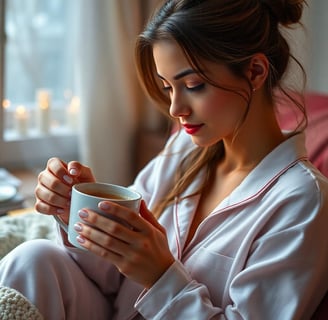 woman sipping tea while wearing pajamas