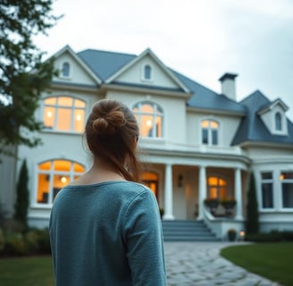 a woman standing in front of a house