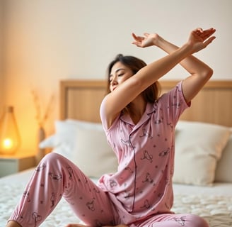 woman stretching while wearing pajamas