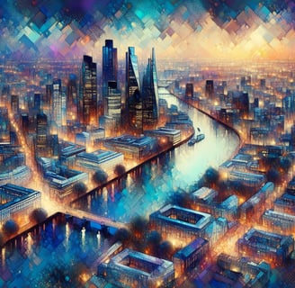 a cityscape of a city with a river and a bridge