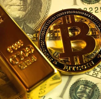 Imagem com barra de ouro, uma nota de dólar e uma moeda de bitcoin 