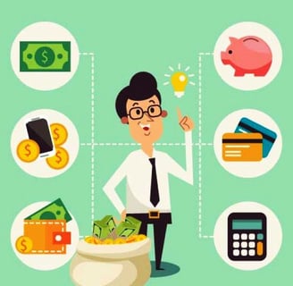 Imagem ilustrativa um investidor rodeado por outras imagens de calculadora, cartões de crédito, ...