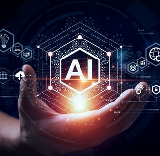 Imagem futurista uma mão  segurando um símbolo da inteligência  artificial 