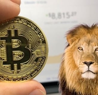 Imagem com uma moeda de bitcoin ao lado da cara de leão  e logomarca da receita federal