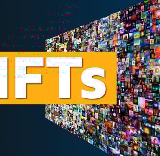 Imagem ilustrativa escritos nfts de branco e fundo laranja com um mosaico de imagens,s variadas