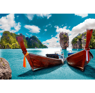 two boats in the water with a blue sky and clouds