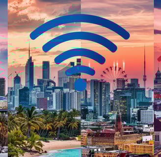 a city skyline with wifi signal