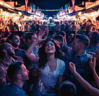 a woman in a white shirt is dancing in a crowded street