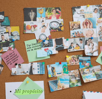 Tablero de metas con fotos y frases motivacionales, centrado en “mi propósito