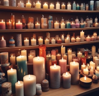 A collection of artisan candles with dried flowers and herbs embedded in the wax is arranged on a wooden surface. The candles vary in size, with some in glass containers. The dried flowers include lavender and rose petals, adding a rustic and handmade aesthetic. Soft lighting enhances the warm and cozy atmosphere.