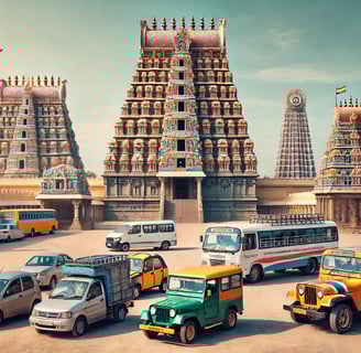 some vechicles including car, van , jeep are parked in front of a temple