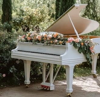 Nuestro elegante piano de cola blanco perla, importado de Inglaterra