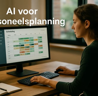 Vrouw werkt aan AI-software voor personeelsplanning op kantoor, met rooster op computerscherm