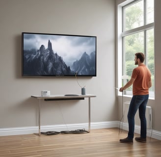 A hand is holding a boxed product labeled 'Home' with the Google logo, indicating it's a voice-activated speaker by Google. The background includes a partially visible tree and a room setting with a fireplace.