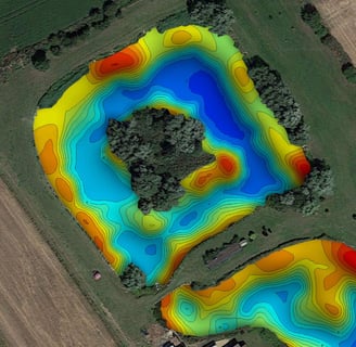 a fishery depth map showing a small deep pool with a central island and other features