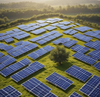 Two people are working with solar panels in a garden surrounded by vegetation. One person stands on a ladder installing or inspecting the panels. The area is bordered by tall hedges and trees, and a red house is visible in the background under a clear blue sky.