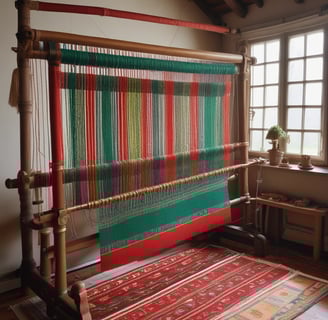 A display area featuring a collection of intricately patterned rugs in various colors and designs. A dark green leather sofa is placed at the center with several hanging light bulbs above it, providing a cozy atmosphere. There are leafy green plants adding a natural touch, and an assortment of small decor items are arranged on the rug-covered platforms.