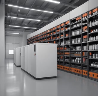 The image depicts a showroom or demonstration area showcasing various energy storage and conversion devices. Several white battery systems are stacked or aligned neatly. In the background, there is a diagram on the wall illustrating a solar energy system, including components like PV arrays, lithium batteries, inverters, and generators. A few blue battery cells are displayed on shelves to the right.